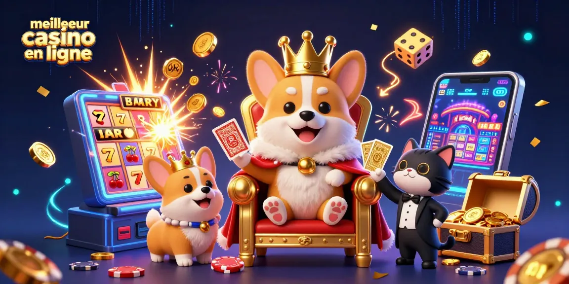 Admirez le meilleur casino en ligne avec un corgi royal, des jetons de poker, et une machine à sous explosive.