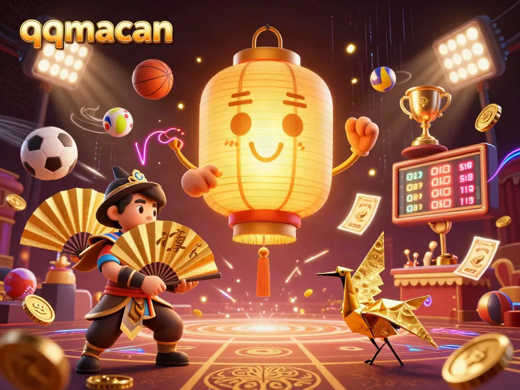 Bet on qqmacan with vibrant sports action, a glowing lantern spirit, and festive casino elements.
