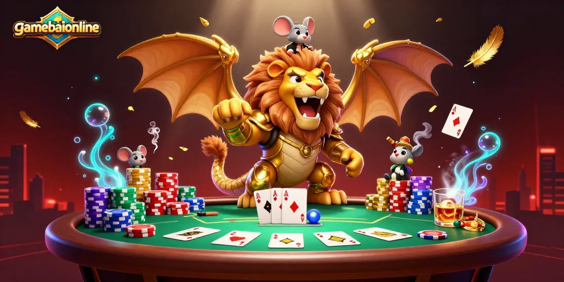 Play thrilling card games at gamebaiionline while surrounded by a playful chimera and poker elements.