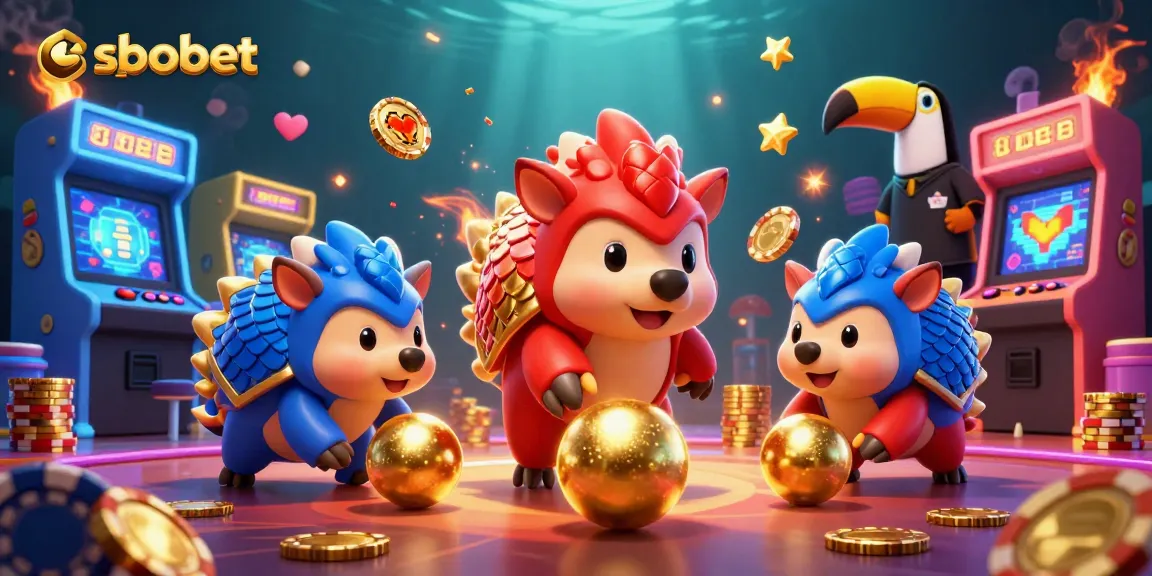 Sbobet's thrilling sports betting scene shows rival pangolins and vibrant game elements in action.