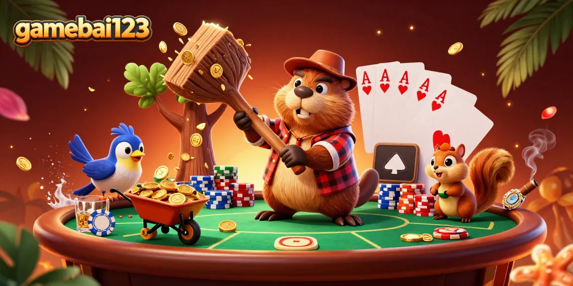 Gamebai123 illustration featuring a beaver, bird, and squirrel in a vibrant casino scene.