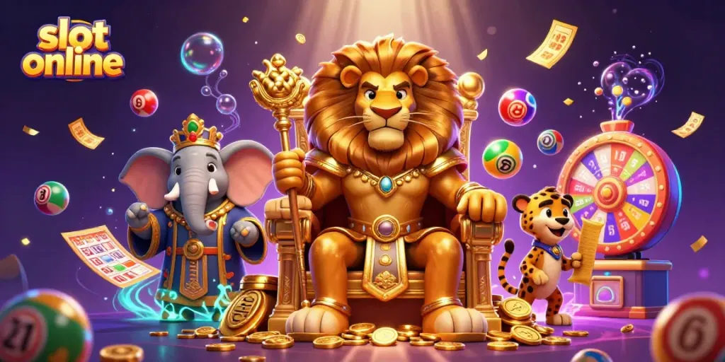 Mainkan slot online dengan singa raja yang megah, dikelilingi elemen permainan yang menarik.