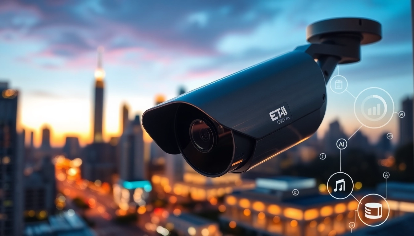 Monitor urban safety with AI CCTV monitoring showcasing advanced surveillance technology and cityscape.