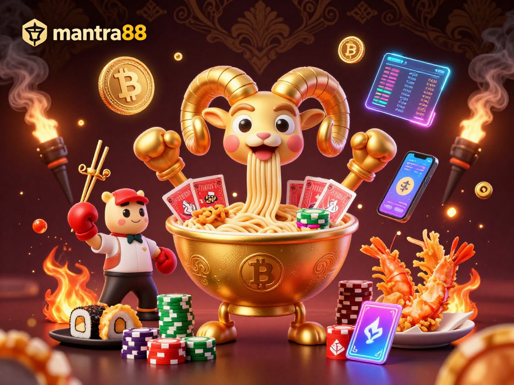 Engage at mantra88 with vibrant 3D digital art featuring dynamic casino elements and characters.