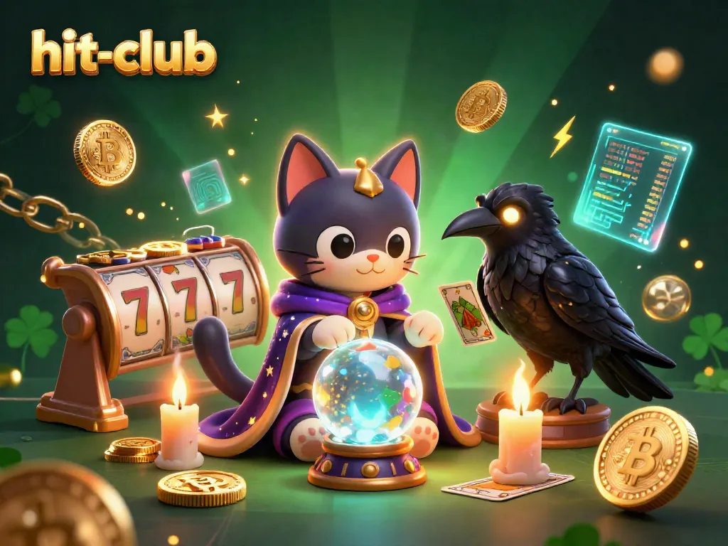 Engage with hit-club's thrilling slots in a vibrant 3D scene featuring fortune-telling and mystical elements.