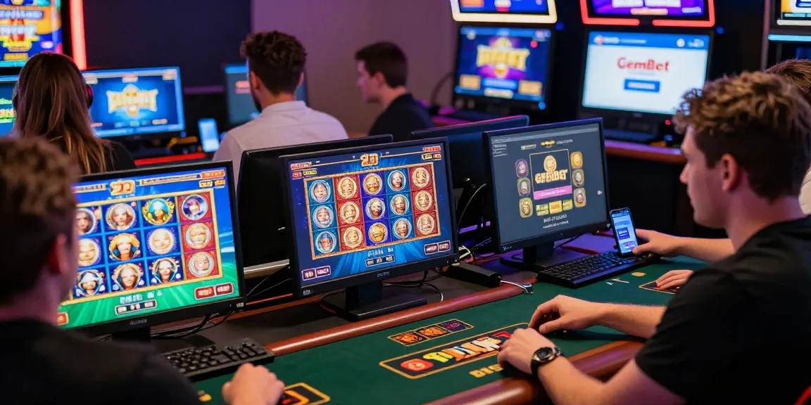 Exciting scene of players enjoying live dealer games and slot machines at GemBet Casino online, showcasing a vibrant and engaging gaming atmosphere.