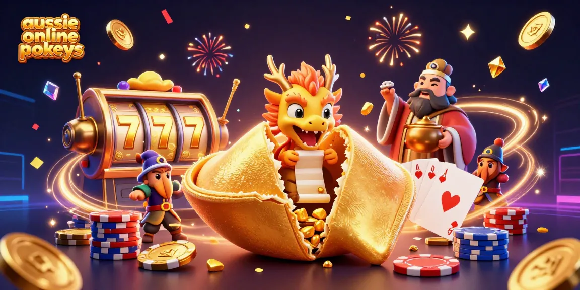 Experience the excitement of aussie online pokies with golden fortunes, slot reels, and jackpot elements in a vibrant scene.