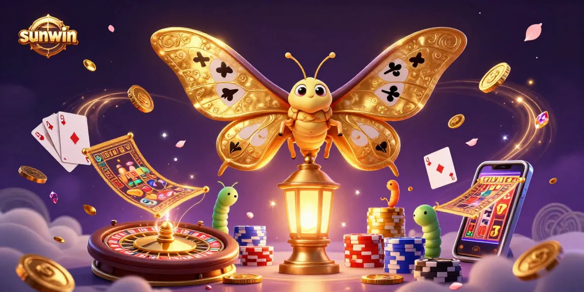 Experience the excitement of sunwin with a vibrant casino scene featuring golden coins, a roulette wheel, and a royal flush of cards.