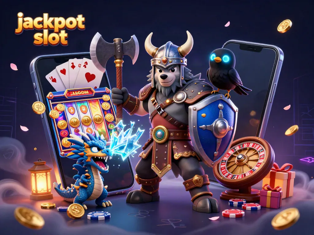 Experience the thrill of jackpot slot with a Viking warrior, dragon, and raven amidst vibrant game elements.