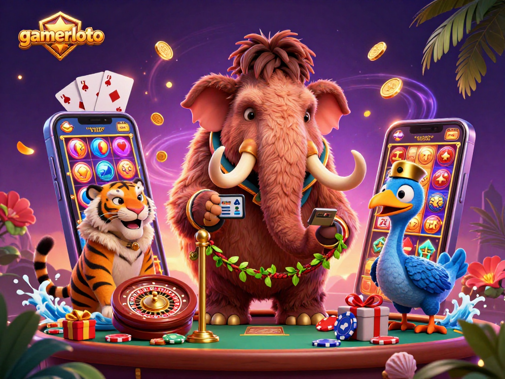 Experience the vibrant world of gamerloto through a dynamic 3D illustration featuring casino characters.