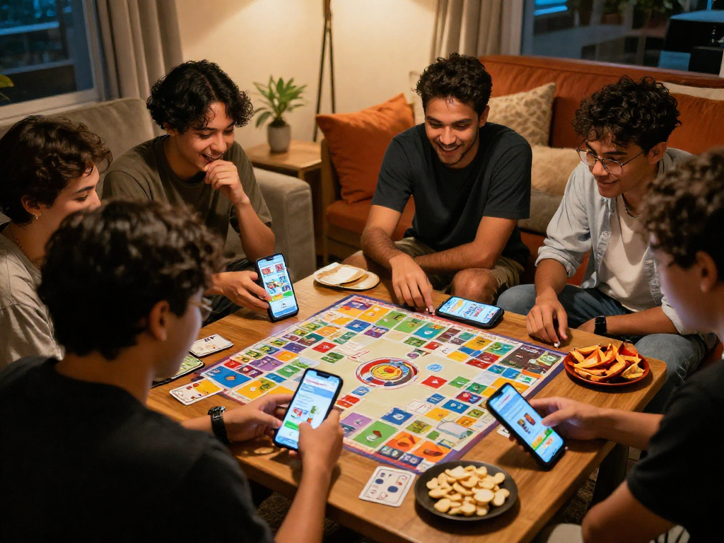 Rumble Rummy gaming scene with friends enjoying fast-paced matches in a lively living room.