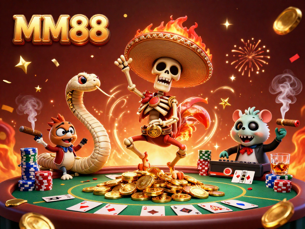 Experience the excitement of MM88 casino with a vibrant illustration of animated characters celebrating on golden coins.