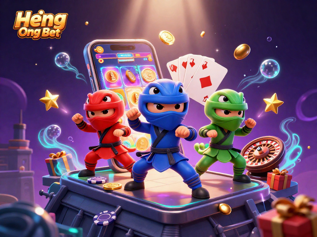 Engage with the thrilling Heng Ong Bet experience as ninja chameleons showcase slot gameplay excitement in a dynamic scene.