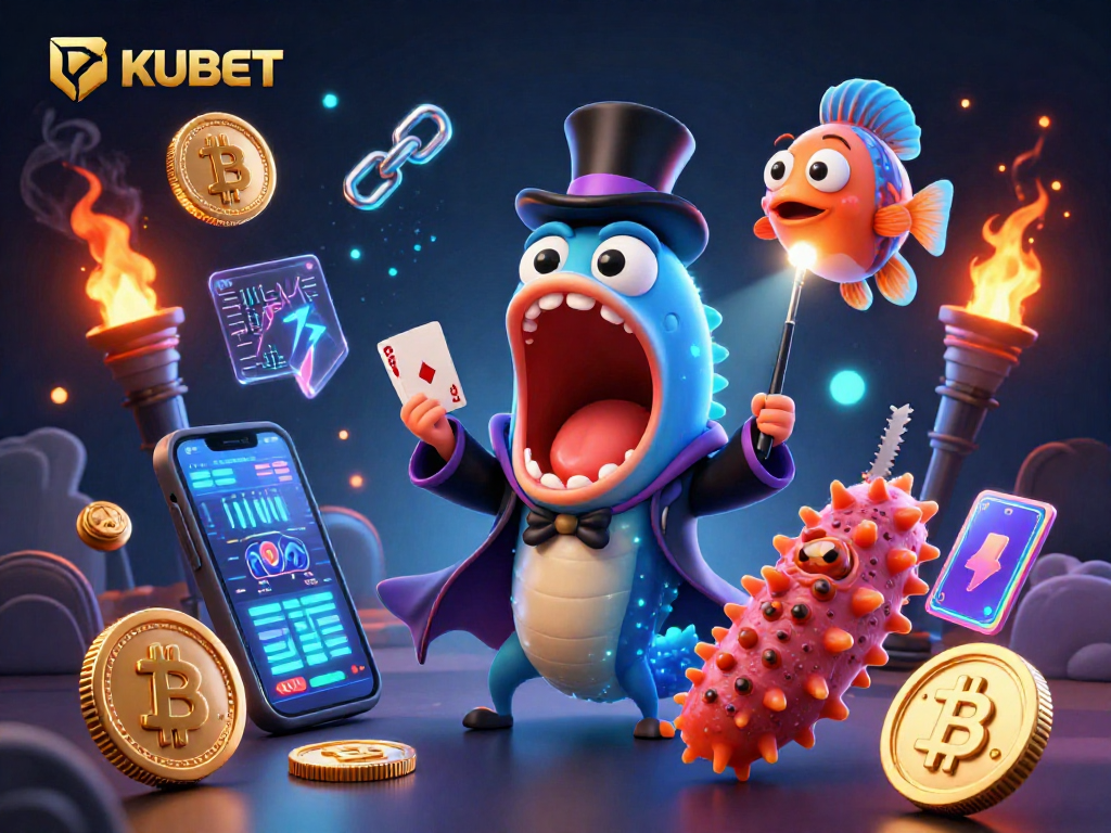 KUBET engages players with thrilling card tricks by an eel in a magician's cape, surrounded by crypto elements.