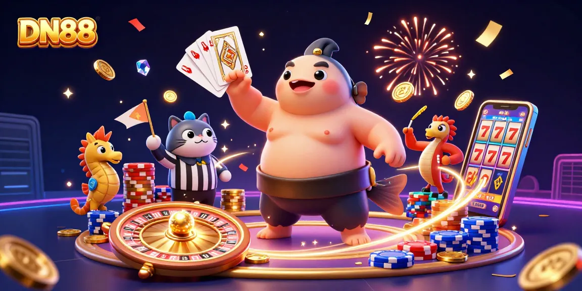 Experience excitement at DN88 with a colorful underwater casino scene featuring a giant fugu, catfish referee, and dynamic game elements.