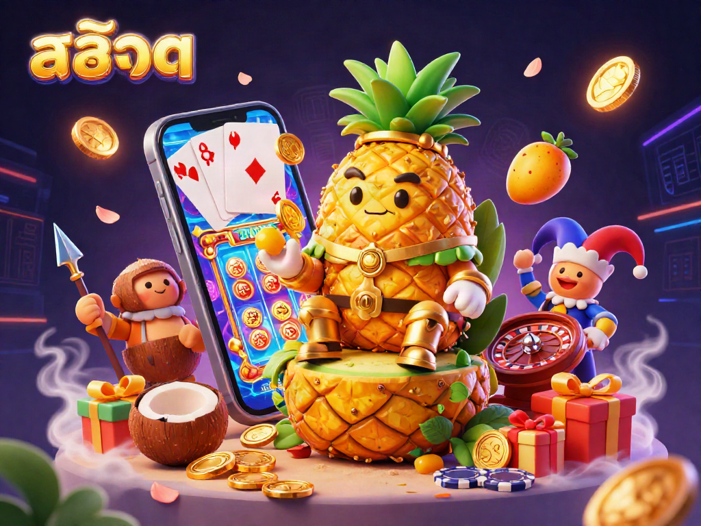 Engage with สล็อต through vibrant 3D casino characters and colorful game elements in an energetic digital illustration.