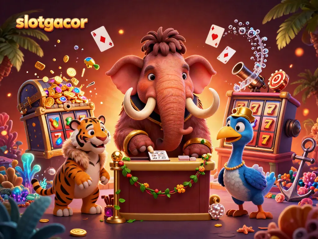 Experience top-tier excitement at slotgacor with a vibrant 3D casino scene featuring unique animal characters and dynamic game elements.