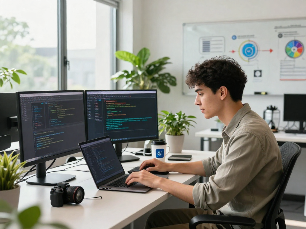 AI 18+ software developer working in a vibrant tech workspace with multiple screens showcasing innovative solutions.