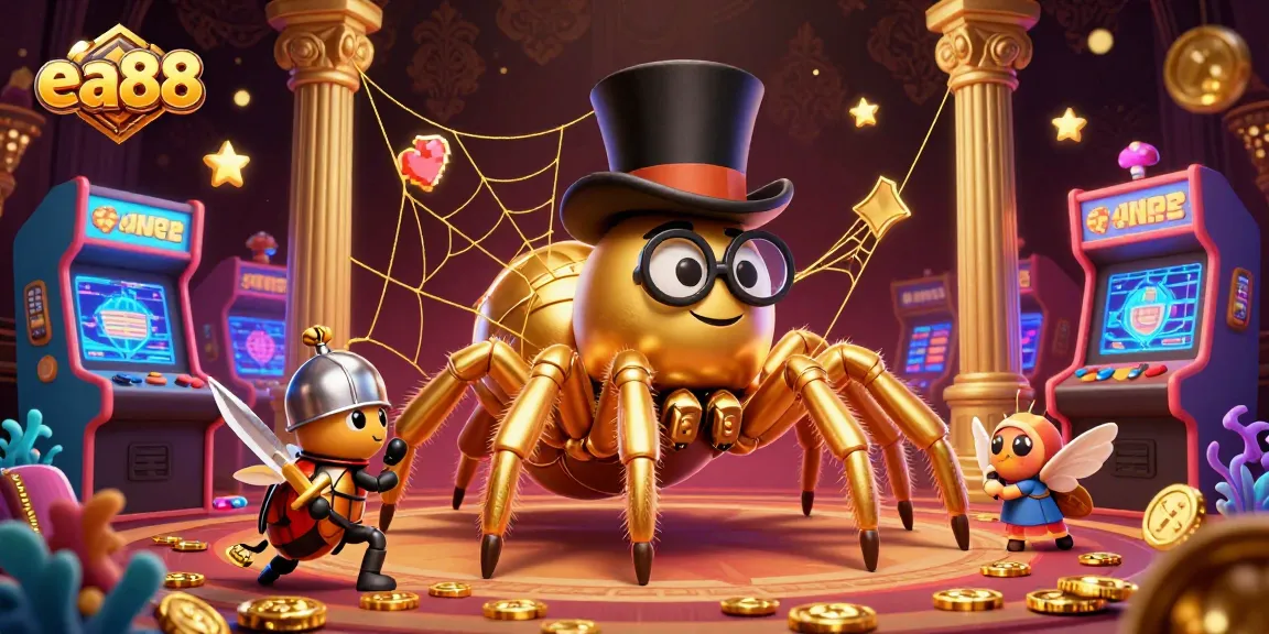 Engage with ea88, featuring a golden tarantula and a beetle knight in an adventurous casino scene.