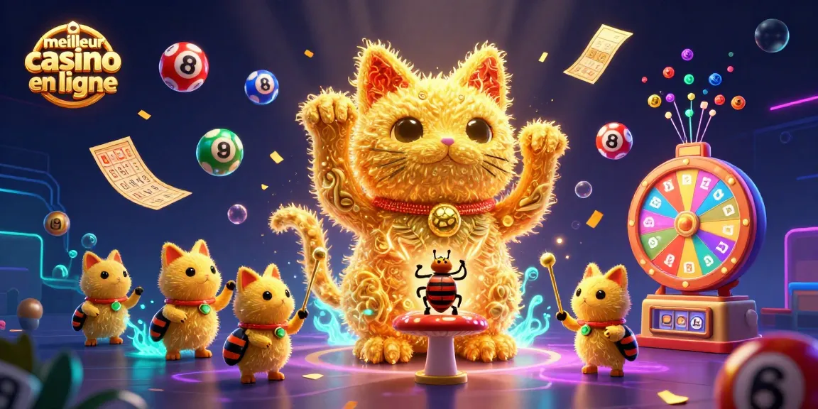 Visualisez le meilleur casino en ligne avec un chat porte-bonheur fait de lucioles dorées, vibrant d'énergie et de jeux.