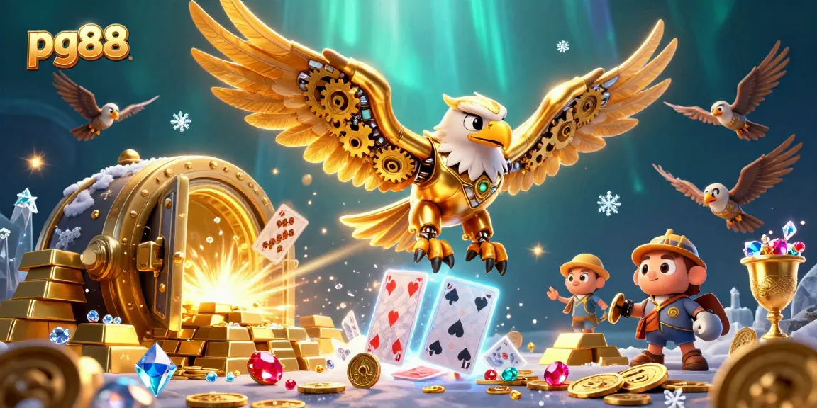 Engage with pg88's thrilling gaming adventure featuring a golden eagle and vibrant casino elements.