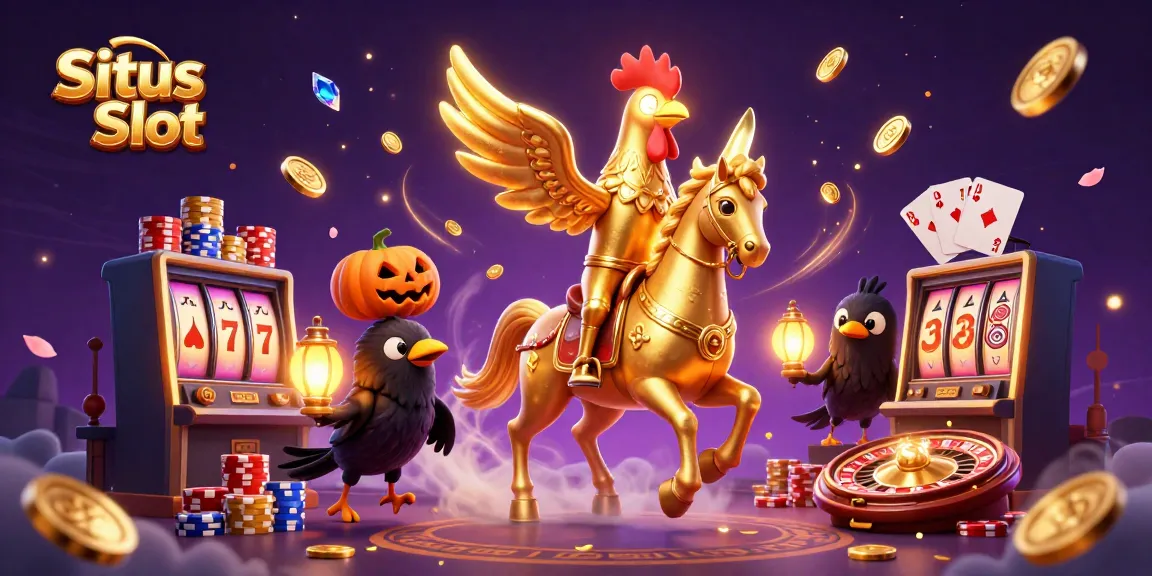 Menangkan Situs Slot dengan ilustrasi kuda spectral dan karakter menarik di kasino malam.