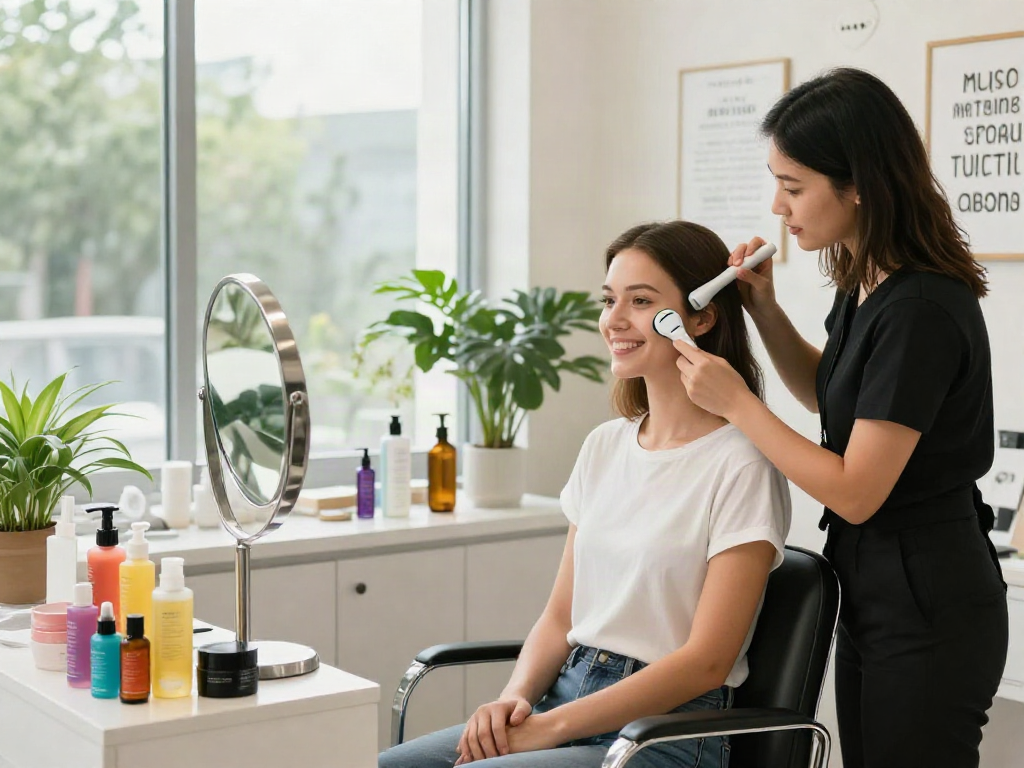 Young woman undergoing an attractiveness test in a beauty salon, smiling confidently while a consultant analyzes her features.