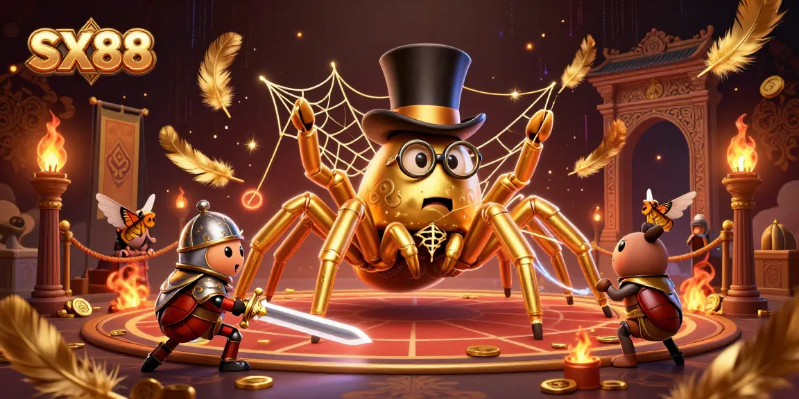 SX88 brings excitement with a brave beetle knight confronting a golden tarantula in a vibrant 3D casino scene.