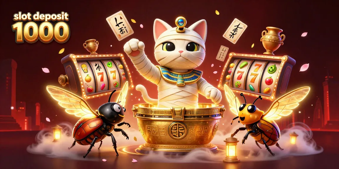 Visualize the excitement of slot deposit 1000 with a cartoon mummy cat and glowing treasures in a vibrant casino.