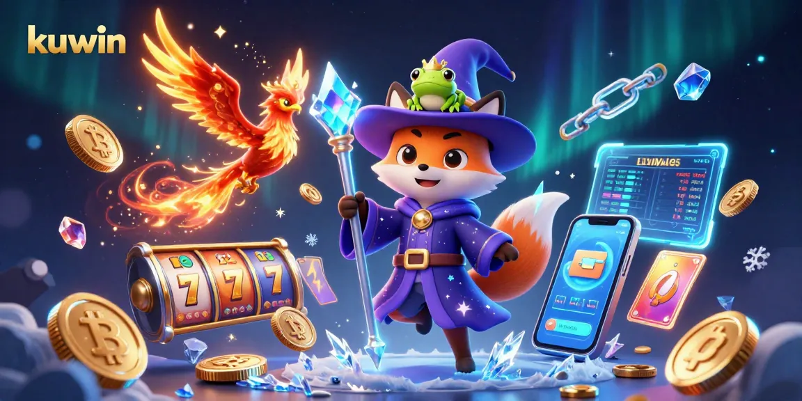 kuwin players enjoy vibrant gameplay surrounded by slot machines and cryptocurrency elements.