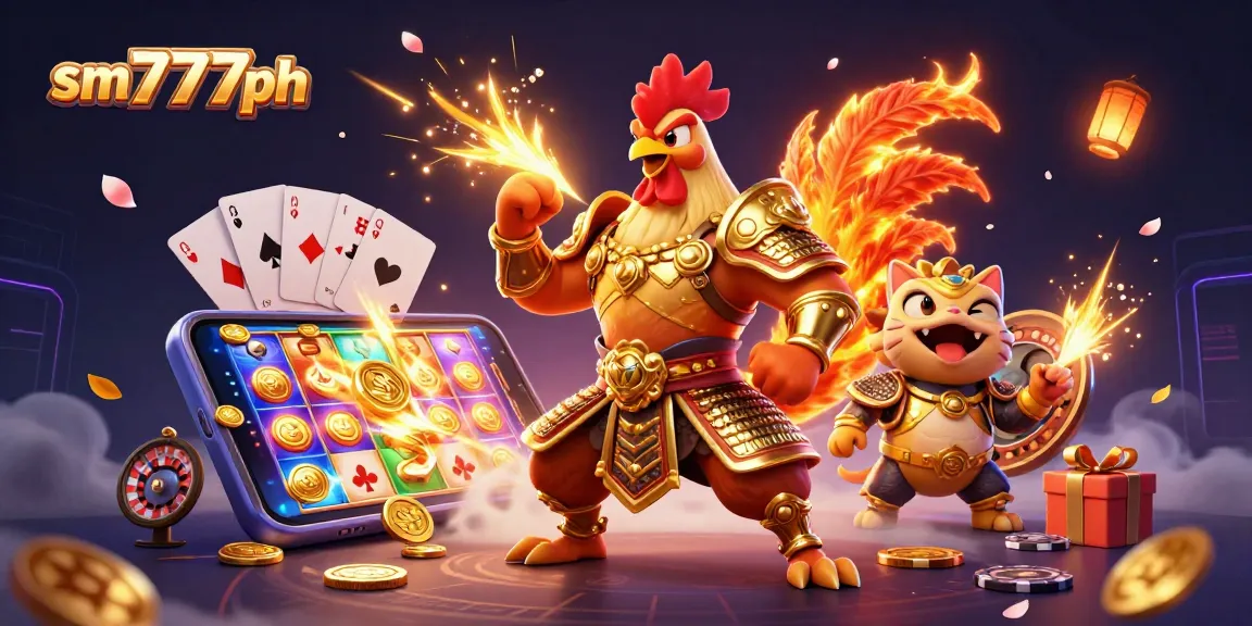 Experience thrilling action at sm777ph with a colorful casino scene featuring a rooster warrior and dragon hatchling.