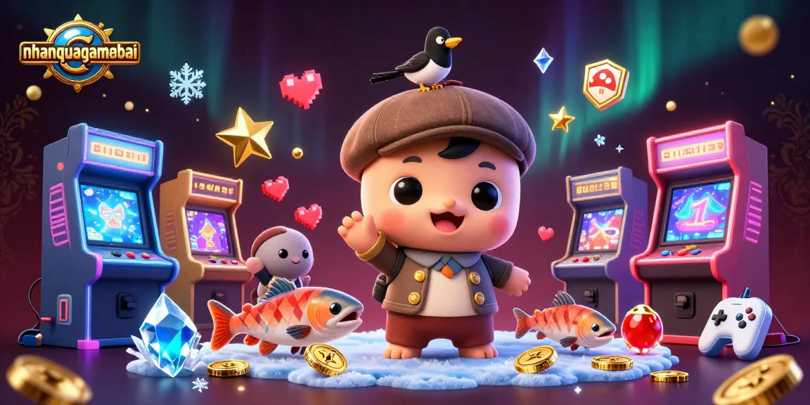 Experience the excitement of nhanquagamebai with a cute Nessie character and vibrant arcade elements.