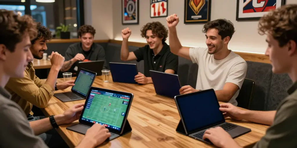 WWBOLA betting scene with friends celebrating a winning sports wager