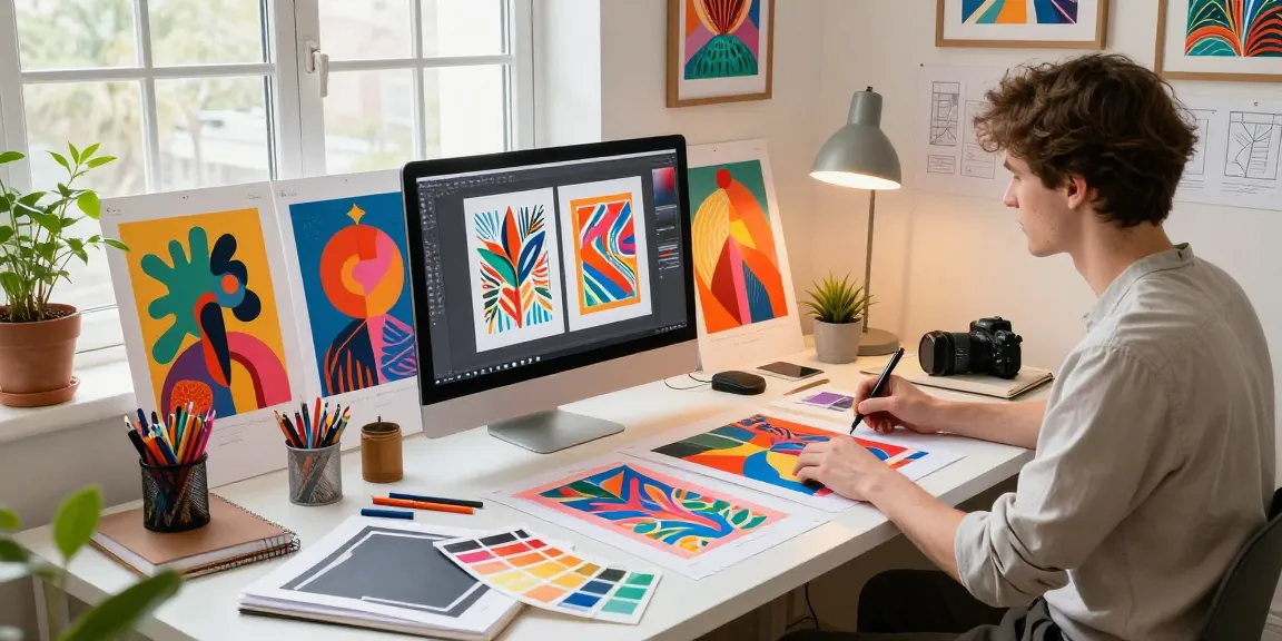 Custom poster printing workspace with vibrant designs and creative tools.