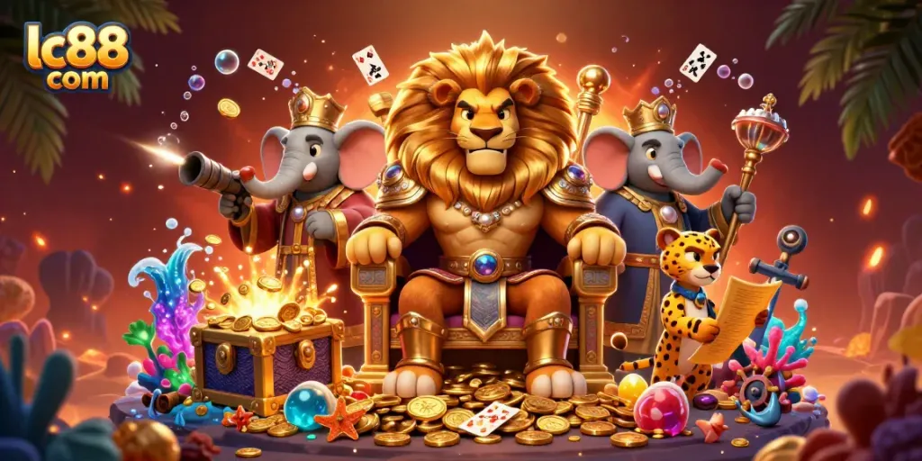 Experience thrilling gaming with lc88 com's vibrant 3D casino scene featuring lions, elephants, and cheetahs.