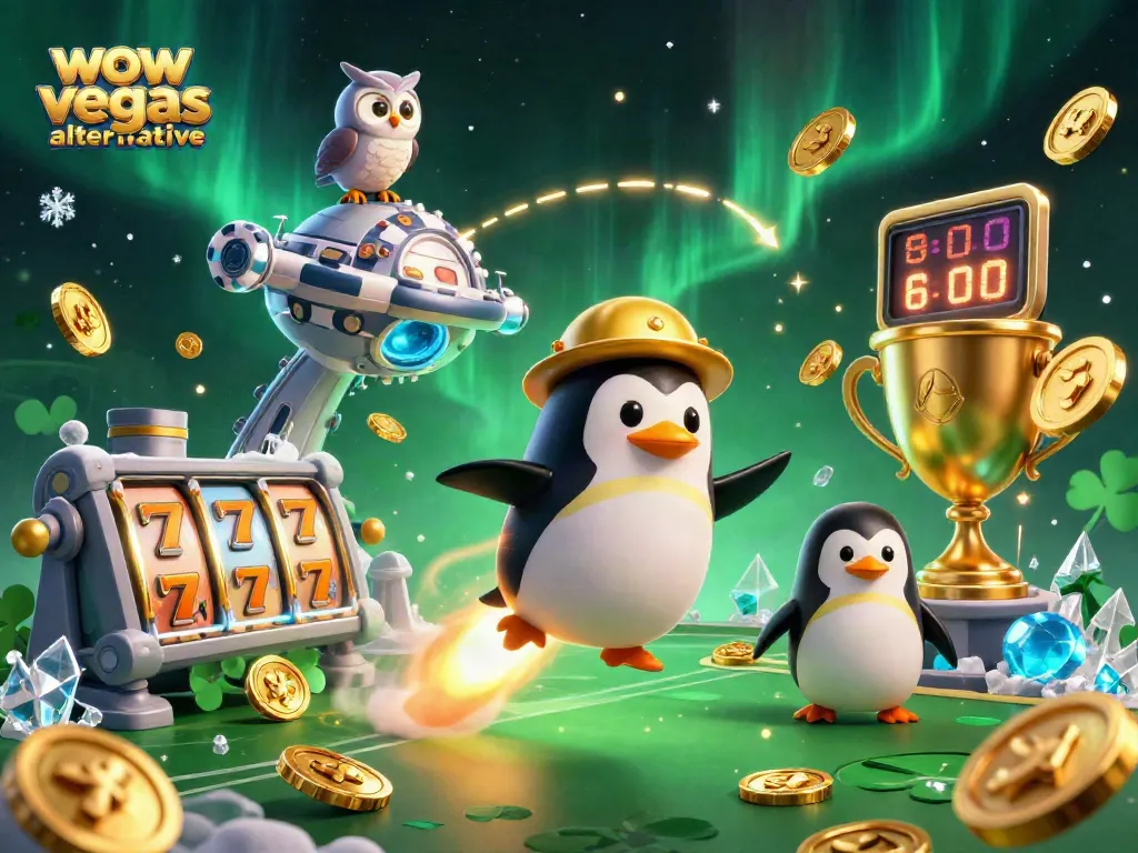 Experience gaming fun with the wow vegas alternative featuring a golden penguin in a casino-themed space.