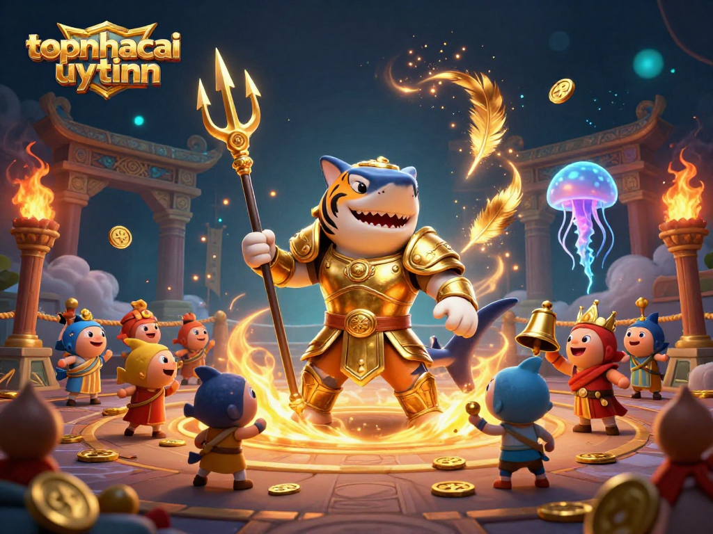 Catch thrilling moments with topnhacaiuytinn featuring a cartoon tiger shark in golden armor amidst an underwater colosseum.