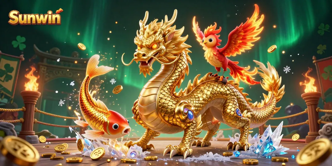 Experience thrilling gameplay at Sunwin with the majestic dragon and lucky koi amidst a vibrant casino scene.