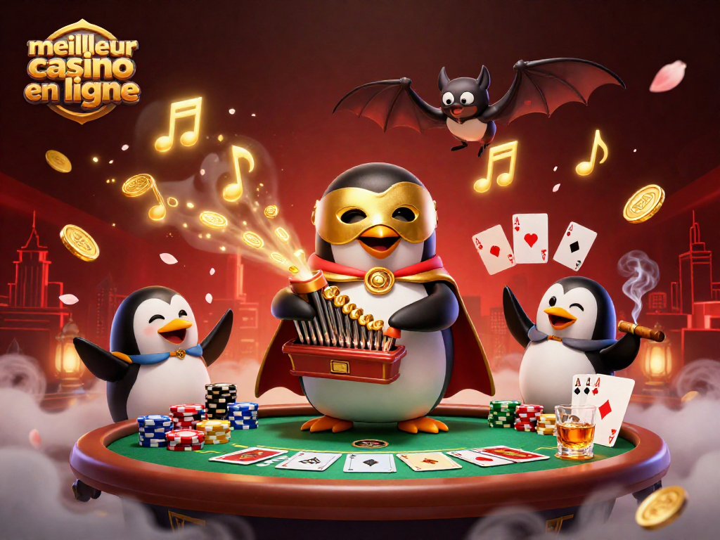 Illustration du meilleur casino en ligne où un pingouin joue de l’orgue, portant un masque doré, dans une ambiance festive remplie de jetons et de cartes.