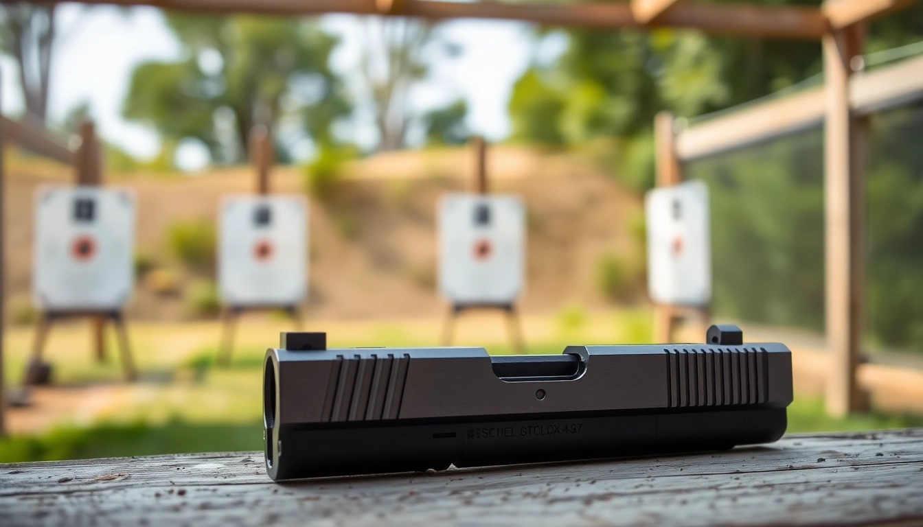 Showcasing a glock 43x slide in high detail against a shooting range backdrop.