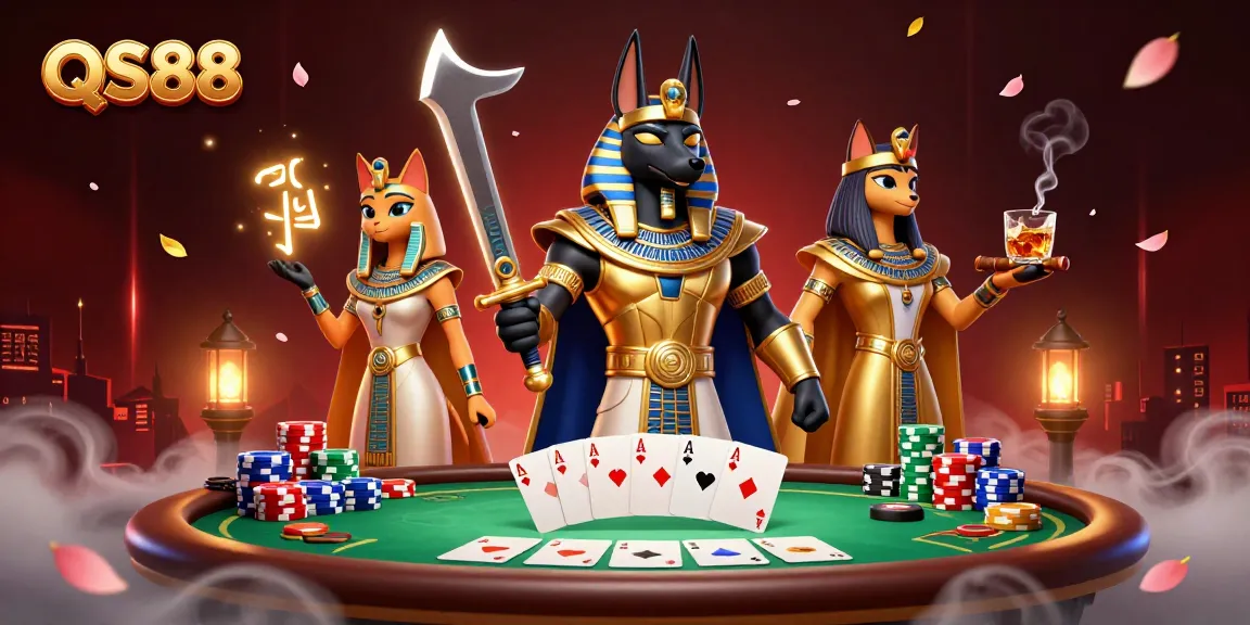 Engage with the thrilling QS88 casino atmosphere featuring dynamic characters and poker table elements.