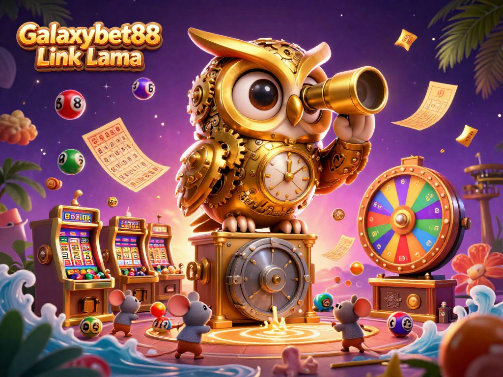 Experience excitement with Galaxybet88 Link Lama as a golden owl surveys a vibrant casino scene.