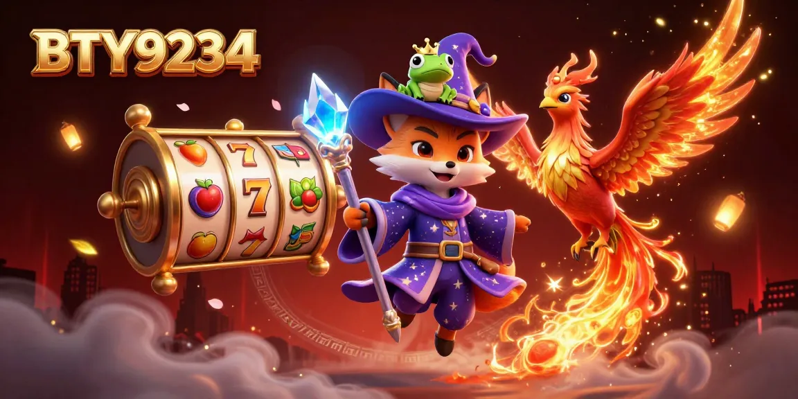 Experience thrilling wins with BTY9234, showcasing a magical wizard fox amidst slot reels and vibrant casino elements.