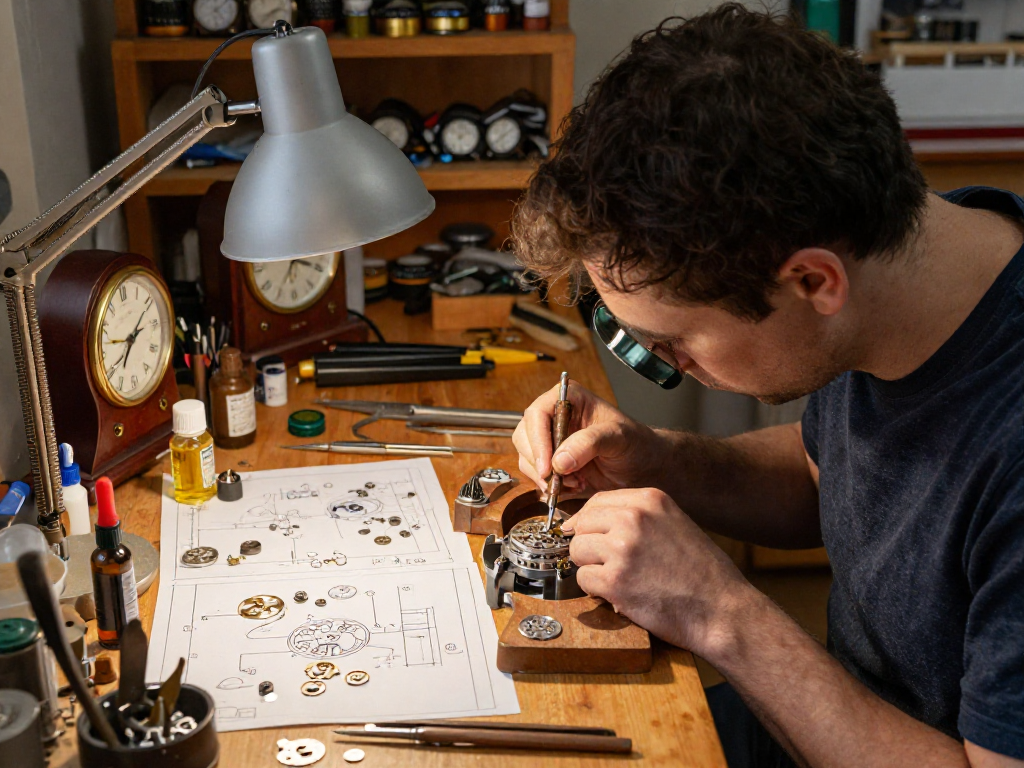 Watchmaker assembling 3135 movement parts, showcasing intricate craftsmanship in a warm, tool-filled workshop.