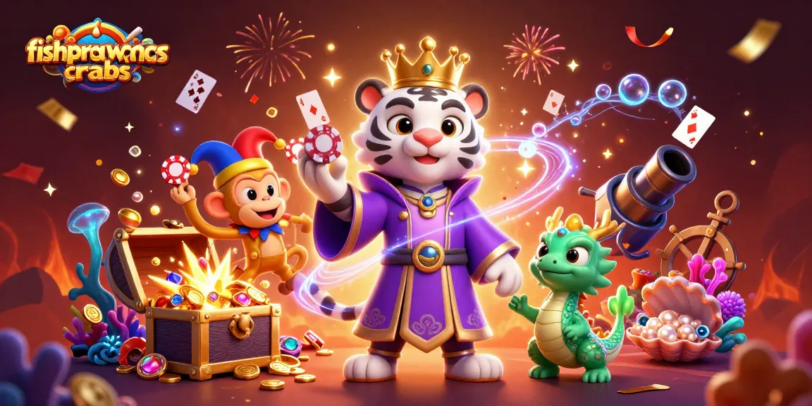 Experience fishprawncrabs excitement with a vibrant illustration showcasing gaming elements, poker chips, and treasure.