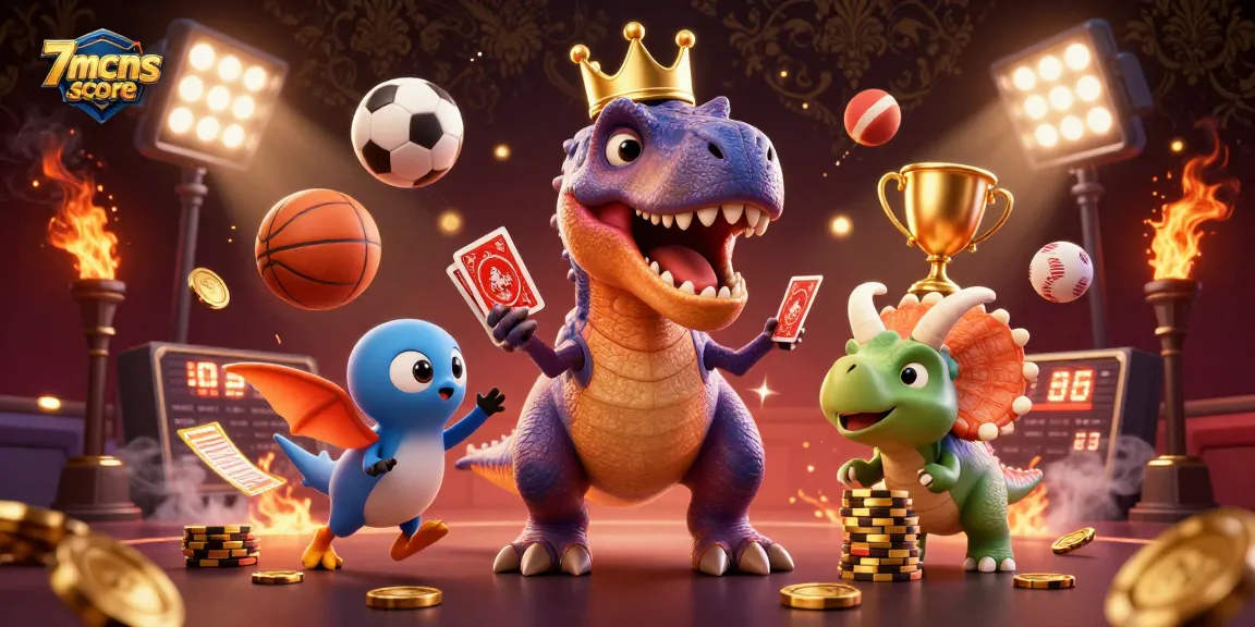 Bet on 7mcnscore with a T-Rex dealing cards and a triceratops stacking chips in a sports gambling setting.