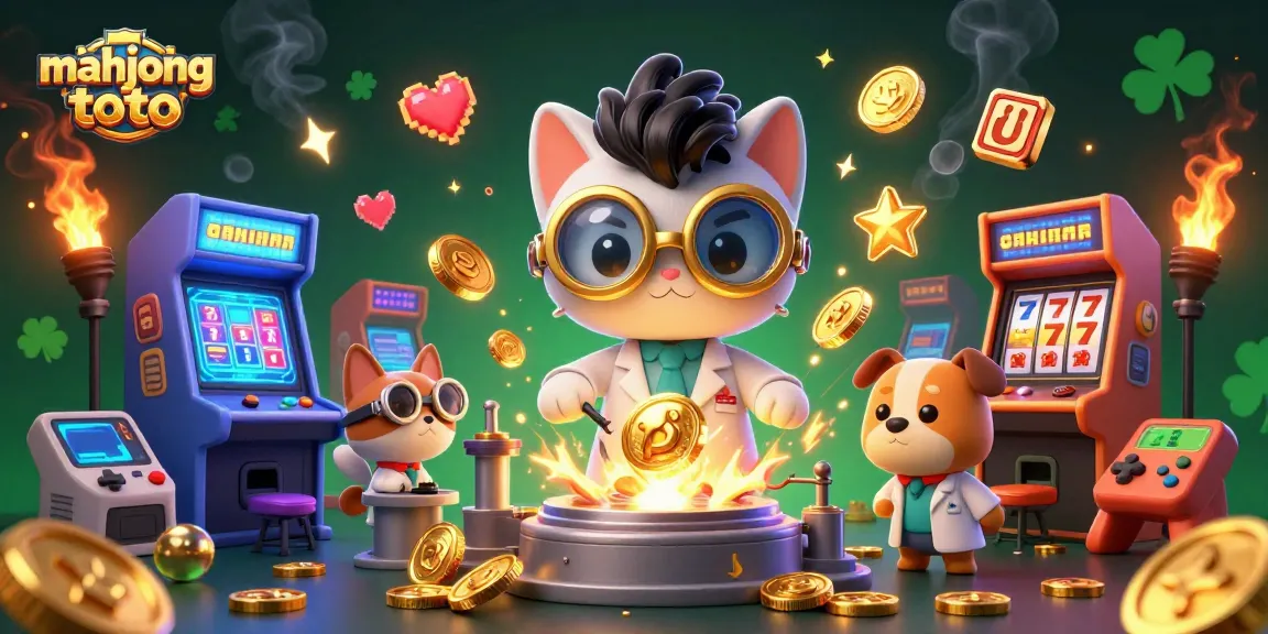 Engage with mahjong toto as a cartoon mad scientist cat creates a gold-coin machine amidst colorful casino elements.