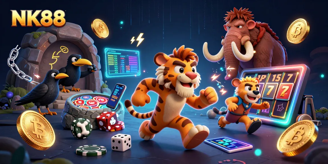 Experience the excitement of NK88 as prehistoric characters play with vibrant crypto elements.