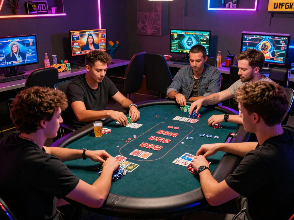 Engaged players enjoying Poker88 in a vibrant online gaming atmosphere with cards and chips.