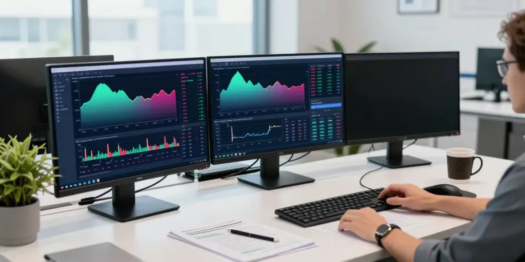 Engaged financial analyst using TradingView on multiple screens in a modern office.